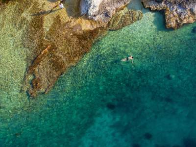 Swimmer floats in bay